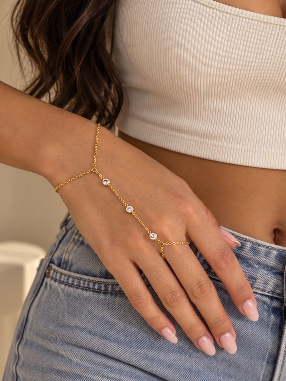 14K Gold Plated Hand Chain Bracelet Ring CZ Crystal Jewelry